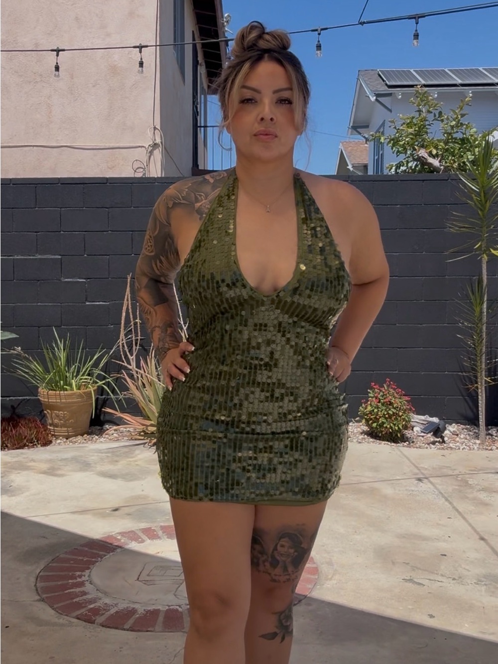 Olive Green Sequin Halter Mini Dress